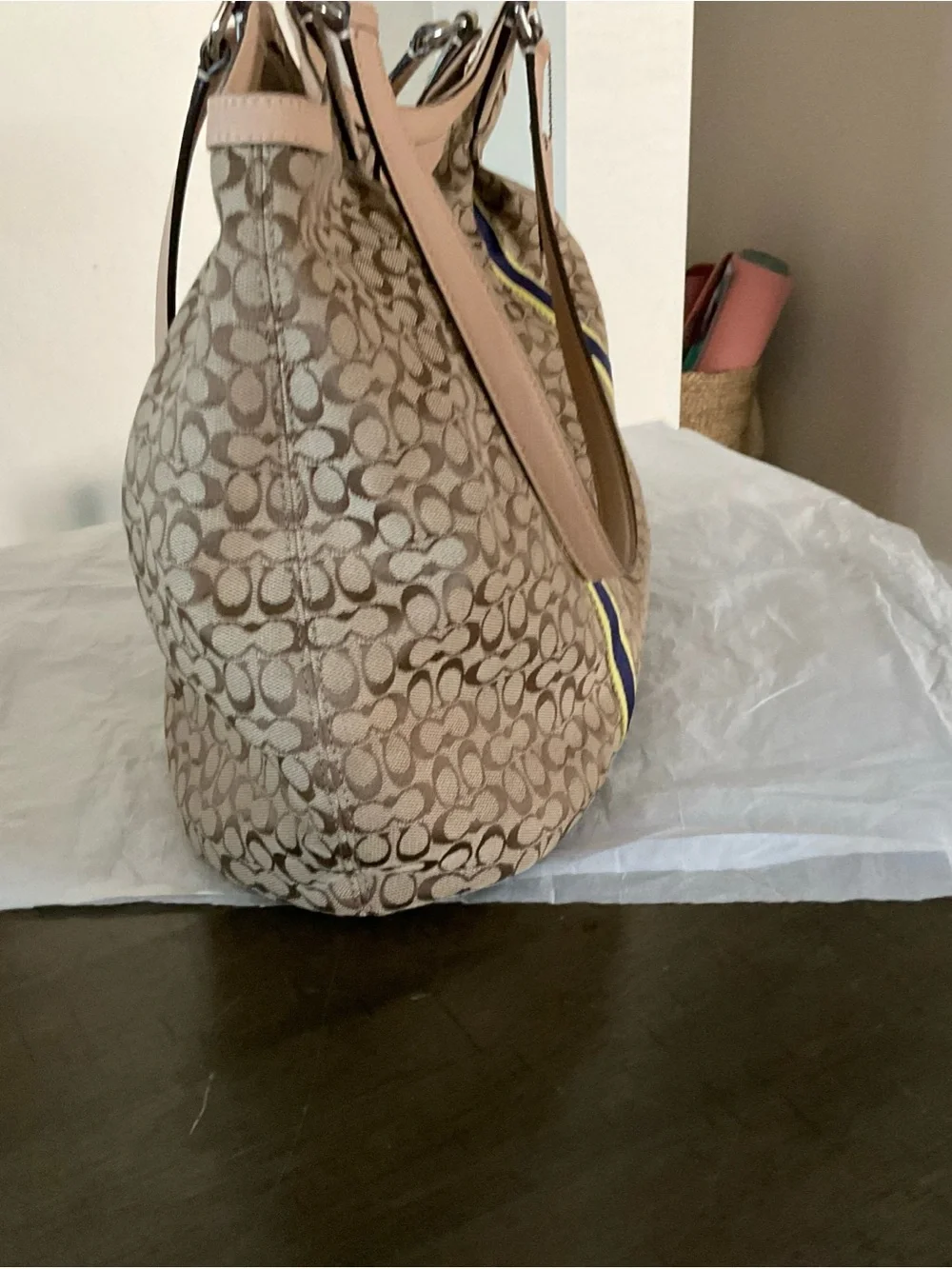 Coach Signature C Jacquard Canvas Tote Bag Tan Leather Trim Shoulder Bag - Picture 6 of 11